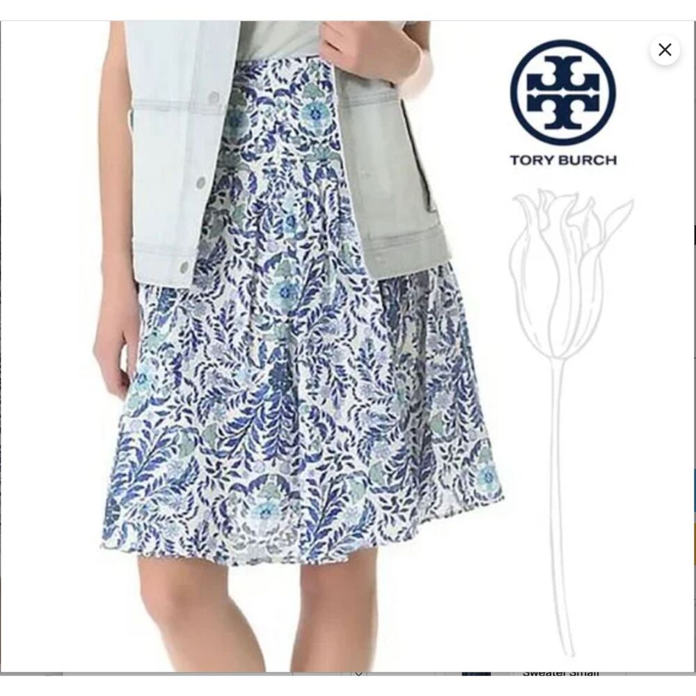 NWT Womens Tory Burch Kyra Linen Silk Blend Pleated Skirt Blue Printed Sz 4